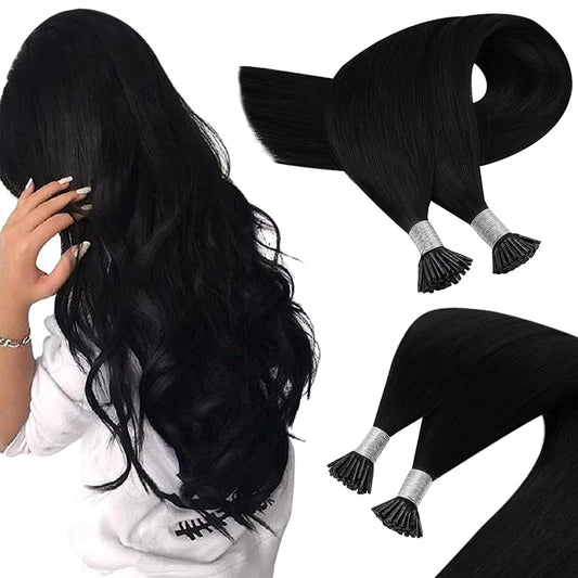 Sunny Hair 22inch I Tip Hair Extensions Human Hair Jet Black Itip Extensions Human Hair Add Length I Tip Hair Extensions for Daily Use Remy Hair for Women 50g