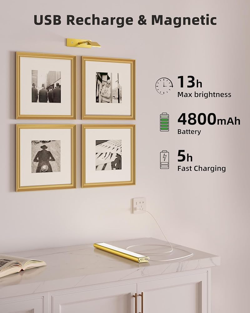 EZVALO 16'' Picture Lights, 4-Pack Rechargeable Wall Art Lights in Gold, 4800mAh Battery