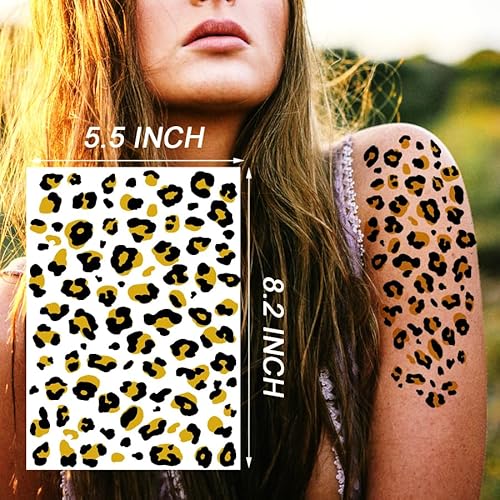 Leopard Print Temporary Tattoos, 6-Sheet Realistic Leopard Skin Tattoo Stickers for Adults and Kids, Perfect for Halloween and Costume Parties (Gold)