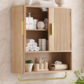 Natural Wood Bathroom Wall Cabinet with Fluted Door, 5-Level Adjustable Shelf