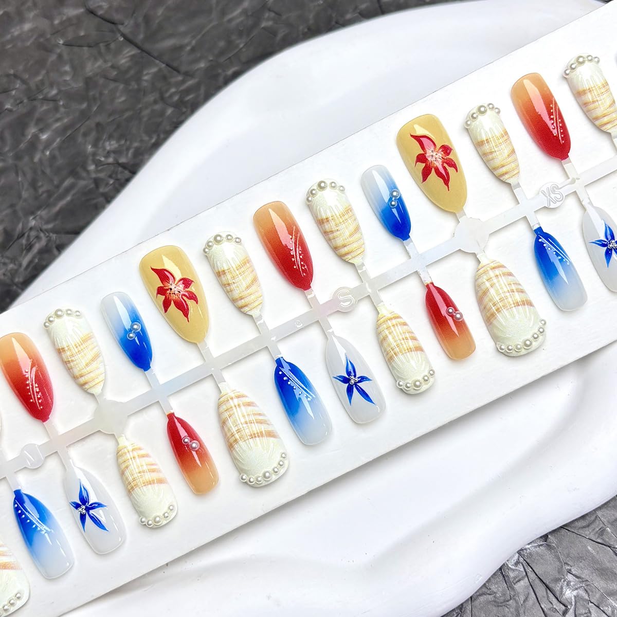 30Pcs Summer Press on Nails Medium Almond Fake Nails 3D Red Blue Flower with Pearl Full Cover Artificial Cute Shell Glue on Nails Summer False Nails Stick on Nails for Women Girls Acrylic Nails DIY