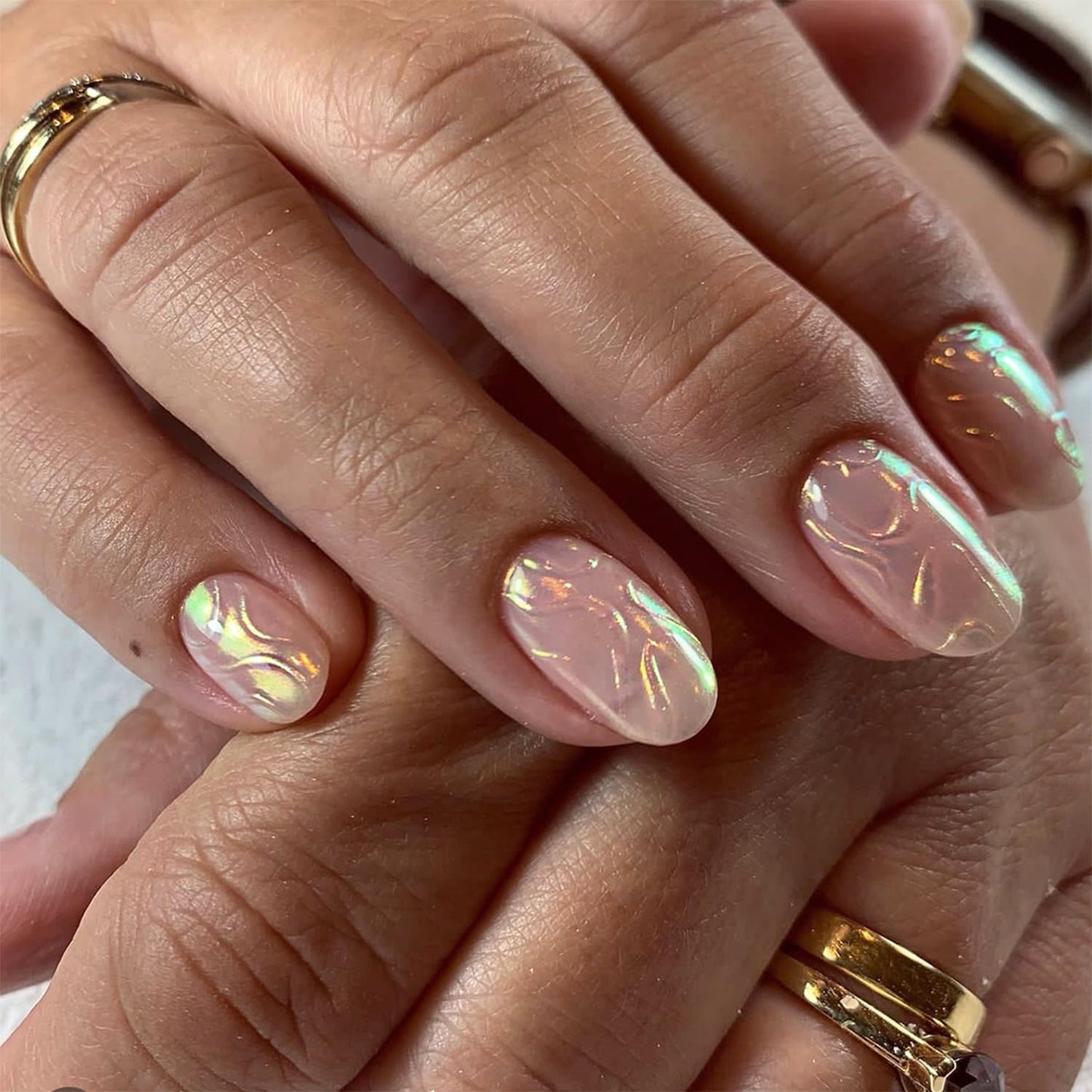 24 Pcs Almond Press on Nails Medium Length French Fake Nails with Aurora Designs Glue on Nails Full Cover Nude Acrylic Nails Summer False Nails 3D Lines Stick on Nails for Women Nail Supplies