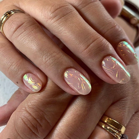 24 Pcs Almond Press on Nails Medium Length French Fake Nails with Aurora Designs Glue on Nails Full Cover Nude Acrylic Nails Summer False Nails 3D Lines Stick on Nails for Women Nail Supplies