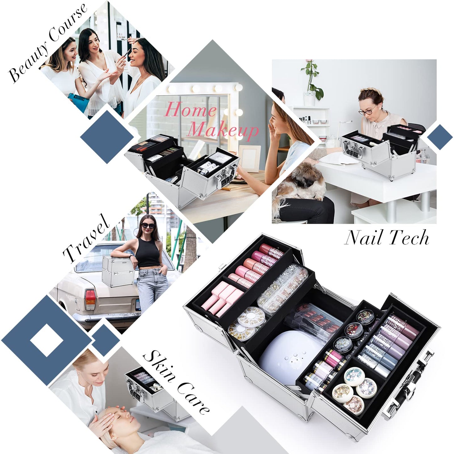 FRENESSA Makeup Train Case Makeup Organizer Box Portable Cosmetic Travel Case with Lock 4 Trays Aluminum Hard Vanity Box Make Up Artist Nail Beauty Storage Organizer Cosmetic Suitcase Bright Silver