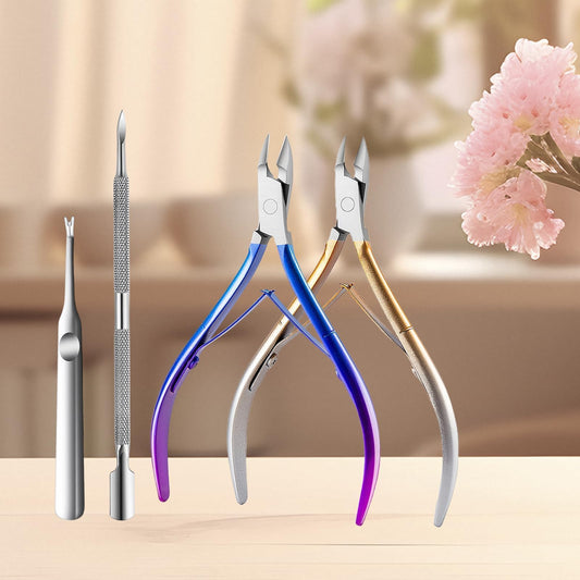 Glossy Finish Cuticle Nipper & Nail Tools - Fine-Coated Trimmer, Double Buckle Cutter with Comfort Grip - Cuticle Remover & Clipper (Yellow+Blue+Pusher)