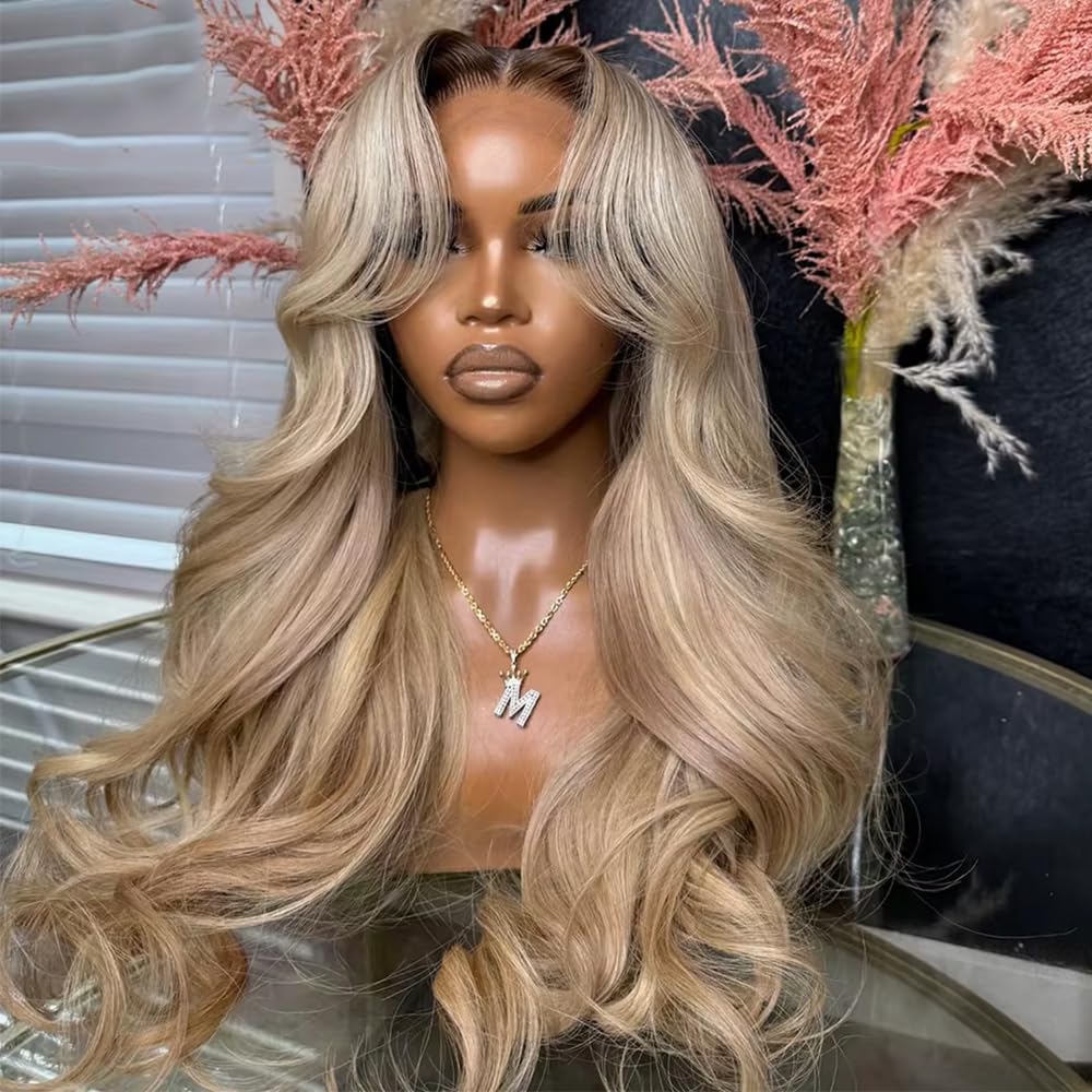 CIYOO Ombre Brown Roots Ash Blonde Wigs Human Hair 200% Density 13x6 Body Wave Hd Thin Lace Front Wig for Women Glueless Ombre Blonde Colored Lace Front Wigs 26 Inch