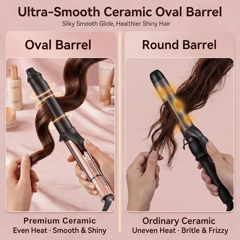 1.25 Inch Oval Ceramic Curling Iron with Temperature LCD - Long Barrel Pro Curling Wand, Auto Shut-Off