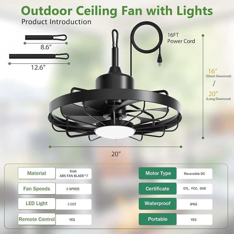 Niitawm Black 20" Outdoor Ceiling Fan with Light, IP65 Waterproof Remote & APP Control