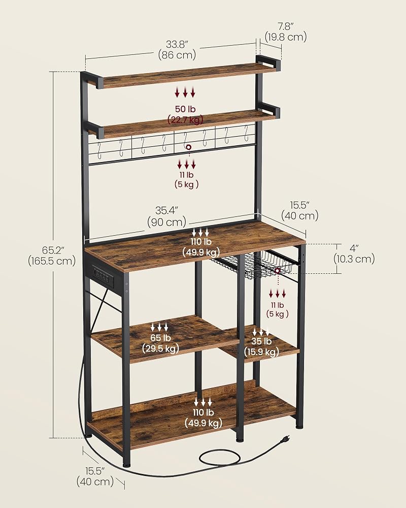 VASAGLE Rustic Brown 35.4W Baker's Rack with Power Outlet, 2 Lower Shelves & 8 Hooks