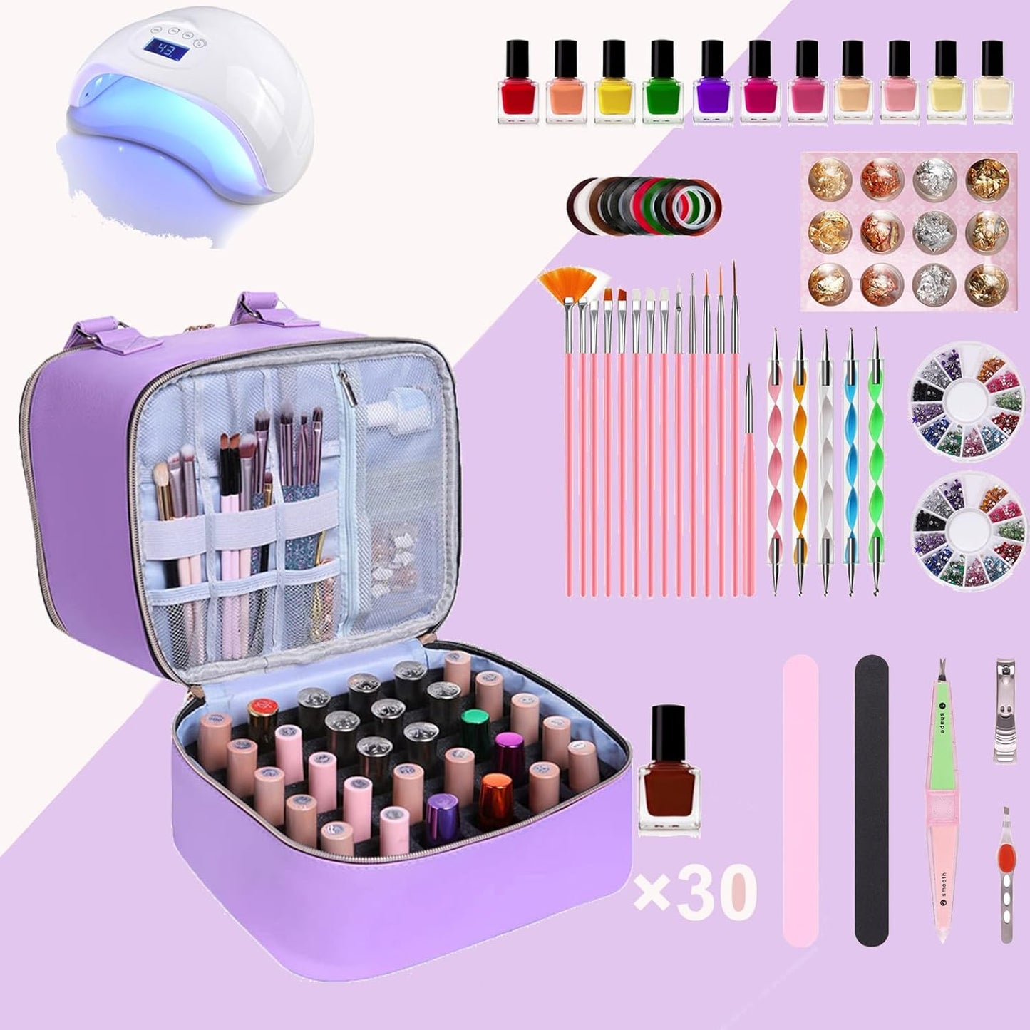Nail Polish Organizer Bag with Travel Case for 30+ Bottles & Nail Lamp - Purple