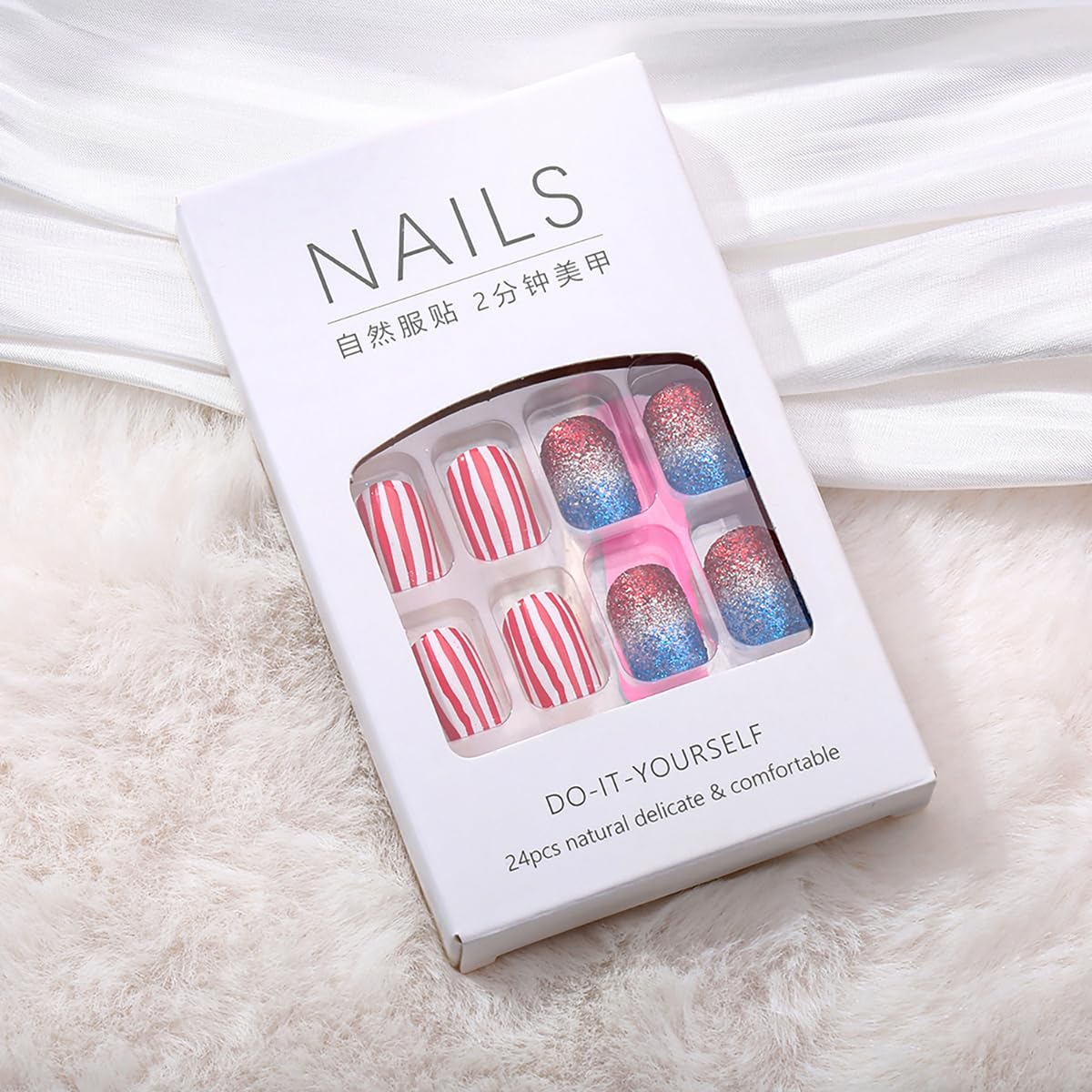 KTAABTR Independence Day Press on Nails Short Square Fake Nails Glue on Nails Full Cover Red Blue Glitter Glossy Acrylic Nails Design Reusable Red White Stripes 4th of July False Nails for Women