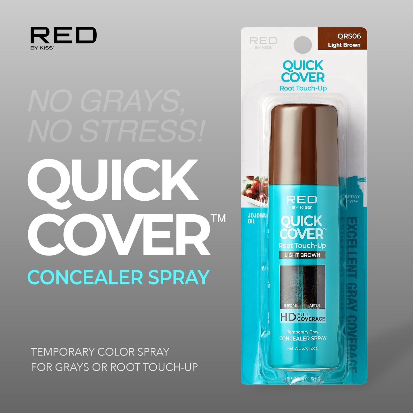 Red by Kiss Quick Cover Root Touch-Up Spray, Waterproof & Smudge-Proof Gray Coverage, Quick-Dry Formula with Jojoba Oil, Lightweight & Travel-Friendly (Light Brown, 2oz)