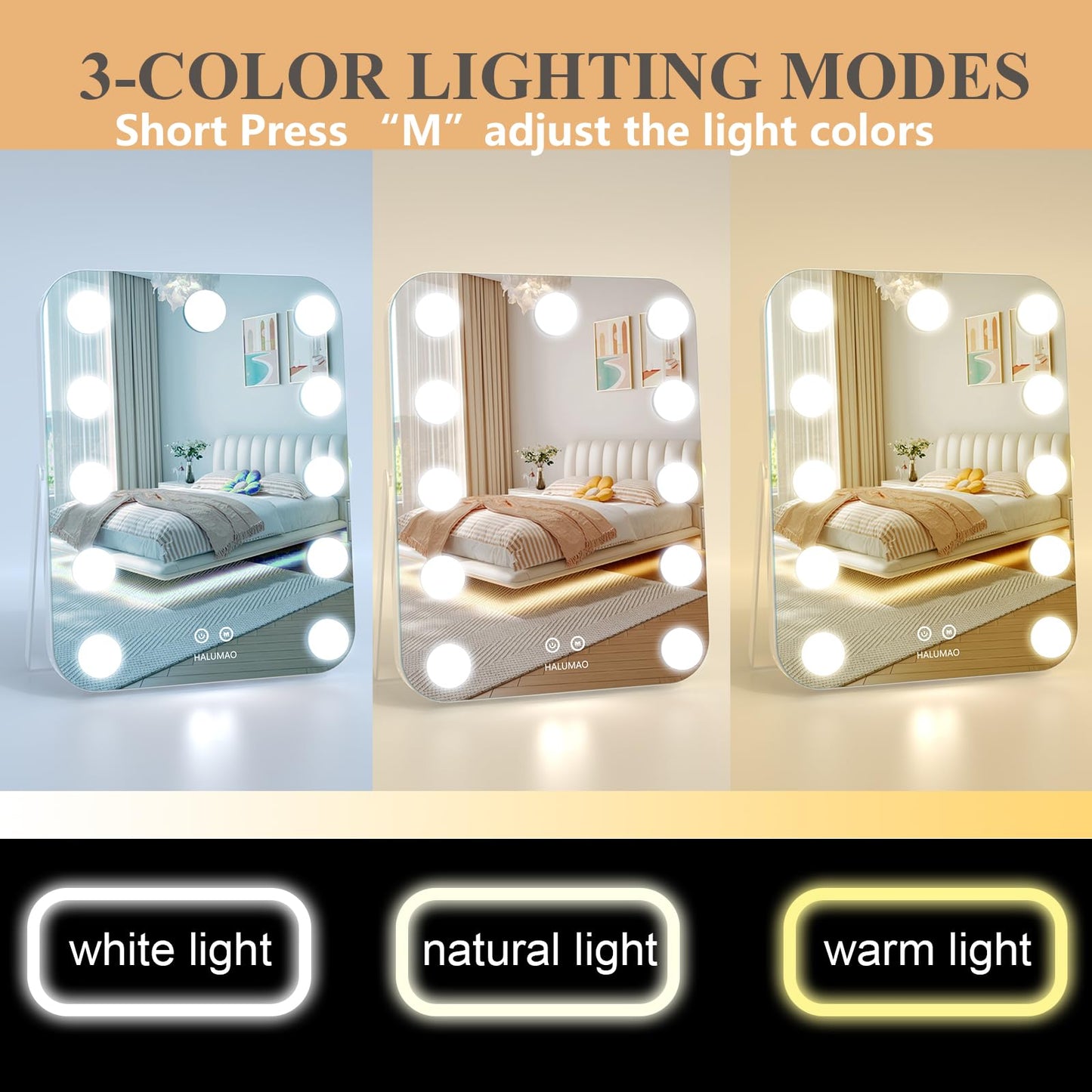 halumao 14.6" Vanity/Makeup Mirror with Lights, Hollywood Mirror with 11 Dimmable LED Bulbs,3 Color Modes,Touch Control