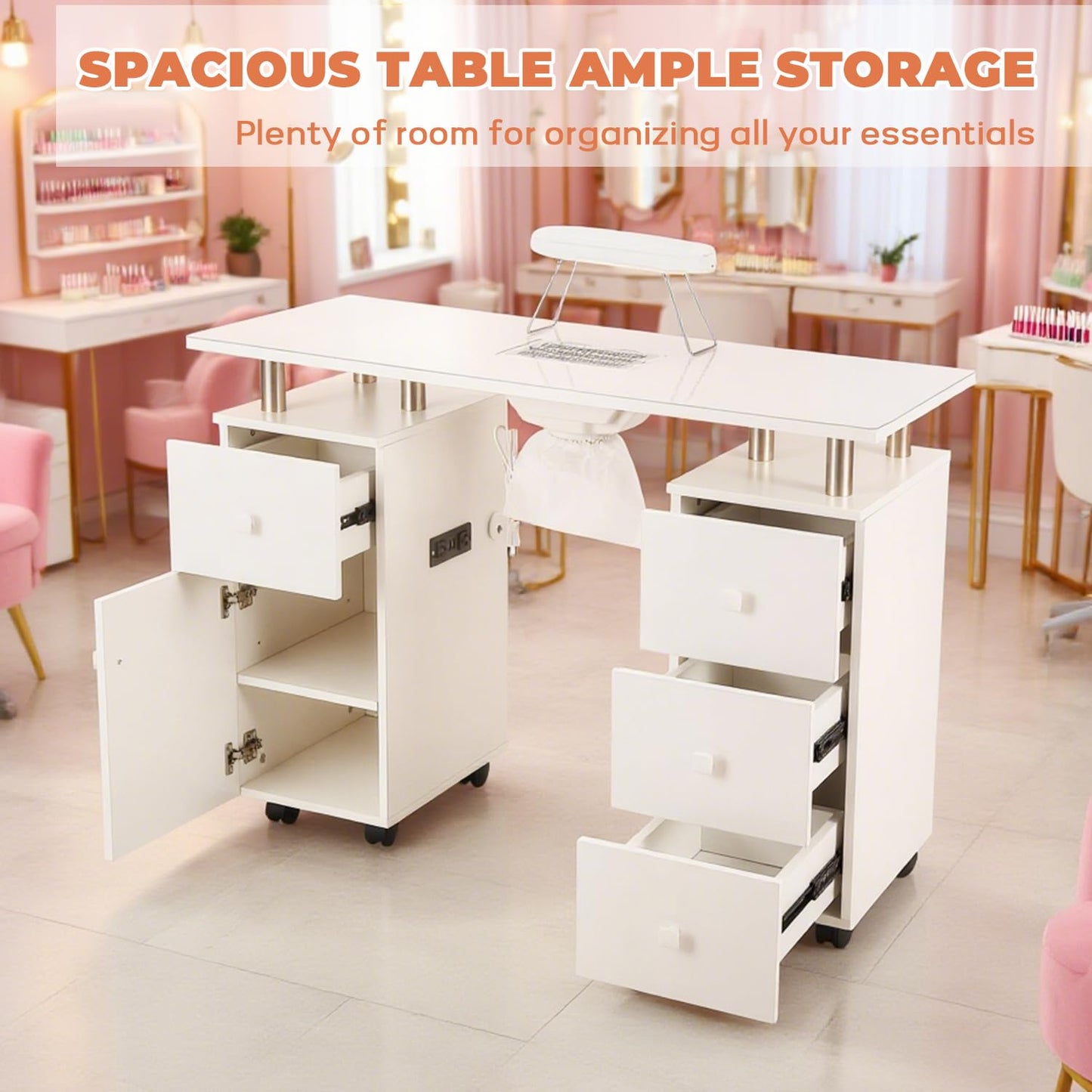 Manicure Table Nail Tech Desk with Electric Dust Collector, Nail Table Station w/Charging Socket, 4 Drawers, Lockable Wheels & 2 Wrist Rests – Professional Nail Station for Salon & Home, Snowy White