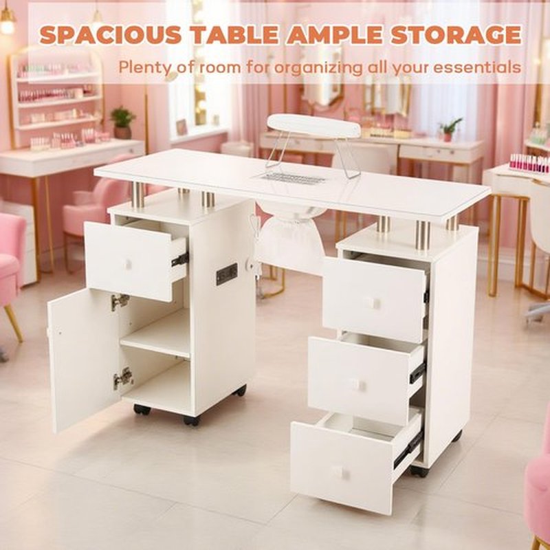 Manicure Table Nail Tech Desk with Electric Dust Collector, Nail Table Station w/Charging Socket, 4 Drawers, Lockable Wheels & 2 Wrist Rests – Professional Nail Station for Salon & Home, Snowy White