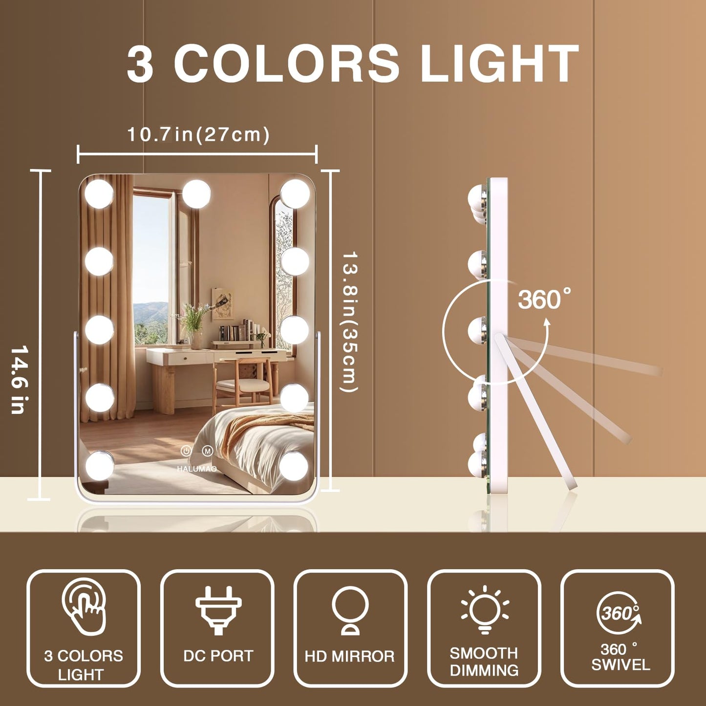 halumao 14.6" Vanity/Makeup Mirror with Lights, Hollywood Mirror with 11 Dimmable LED Bulbs,3 Color Modes,Touch Control