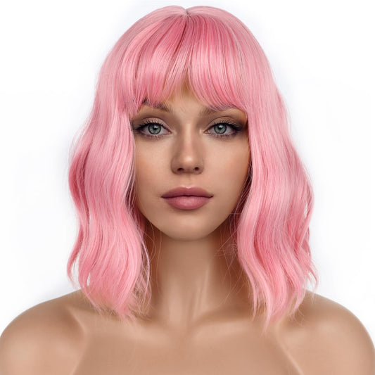 LANCAINI Pastel Bob Wigs with Bangs for Women Loose Wavy Wig Pastel Wavy Shoulder Length Bob Synthetic Cosplay Wig for Girl Colorful Costume Wigs (Pink)