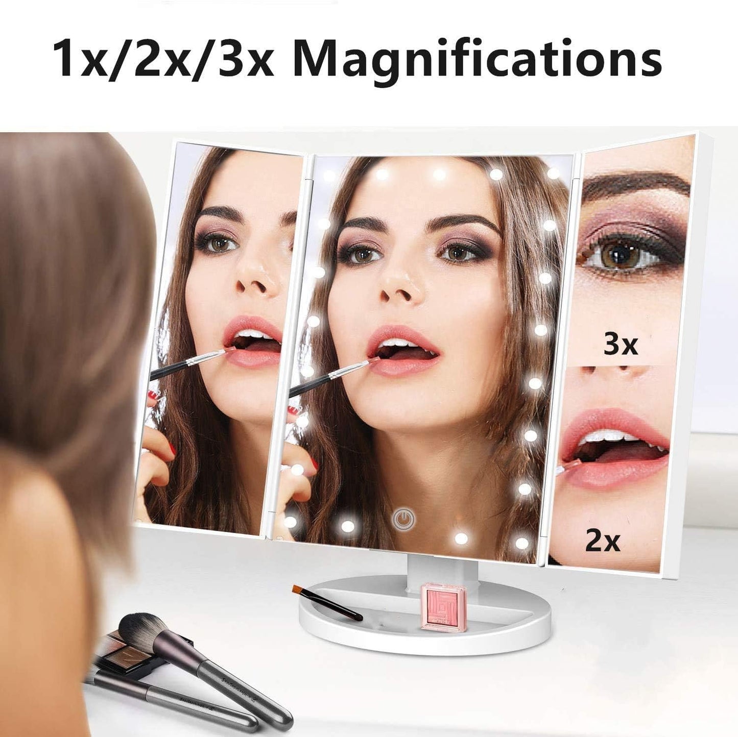 Flymiro Tri-fold Lighted Vanity Makeup Mirror with 3x/2x Magnification,21 LEDs Light and Touch Screen,180 Degree Free Rotation Countertop Cosmetic Mirror,Travel (White)