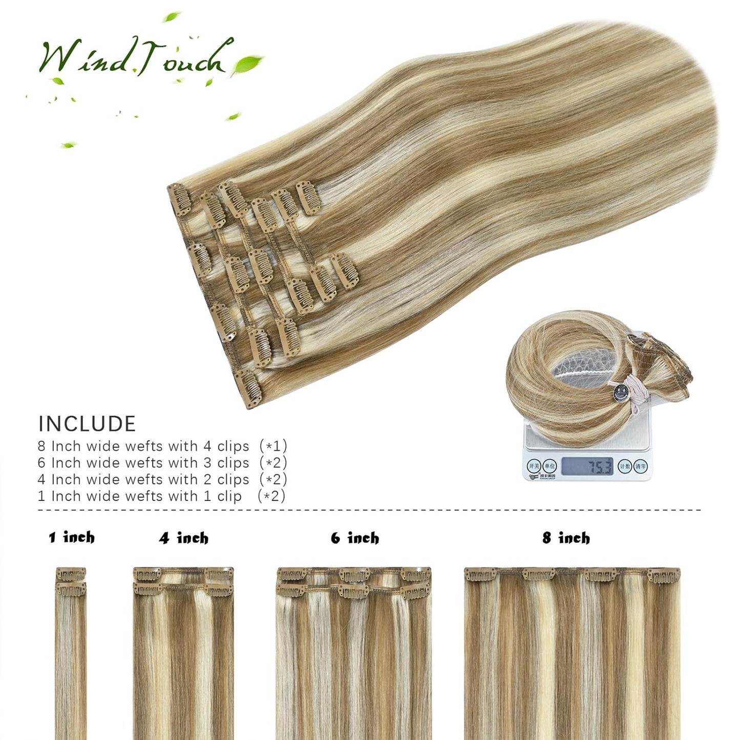 WindTouch Clip in Hair Extensions Real Human Hair Balayage Mixed Bleach Blonde Hair Extensions 15Inch 75g 7PCS Highlights Straight Blonde Clip in Extensions for Women