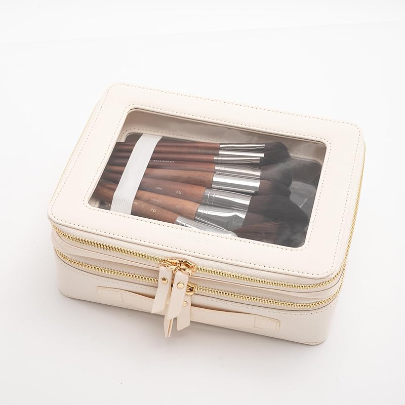 Aveniee Off-White Dual Layer Large Clear Makeup Bag - Double-Sided Train Case