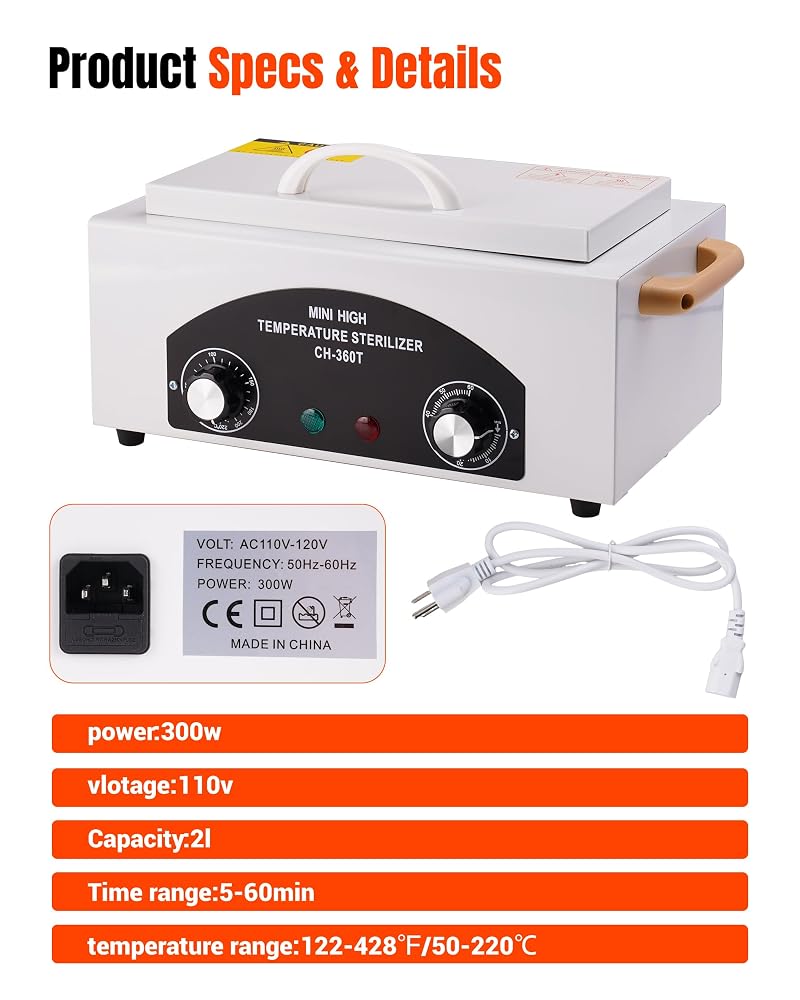 White High-Temp Nail Tool Cleaning Box, 1.5L, 110V/300W with Adjustable Timer