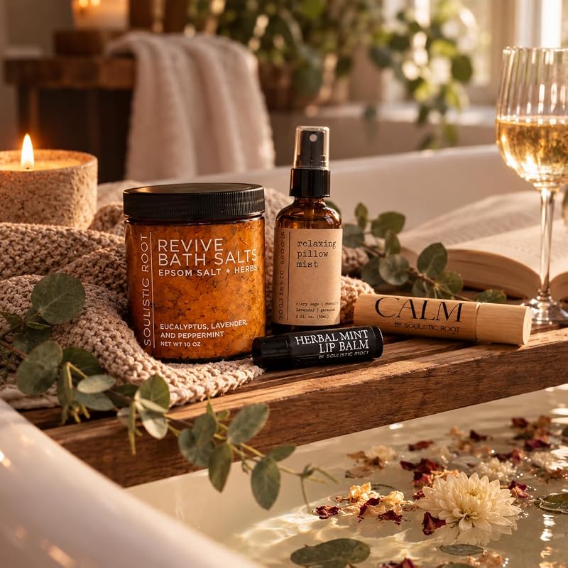 Relaxing Spa Gift Set - Pillow Spray, Mint Lip Balm, Calming Oil Roller & Epsom Salt Bath Soak