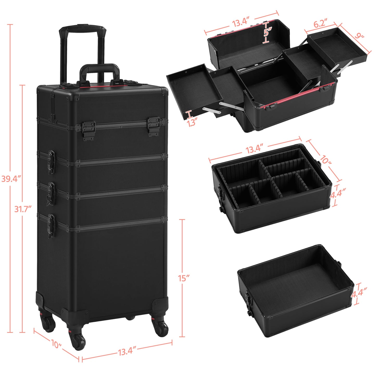 Yaheetech 4 in 1 Professional Makeup Train Case Aluminum Cosmetic Case Rolling Makeup Case Extra Large Trolley Makeup Travel Organizer, with 360° Swivel Wheels, Black