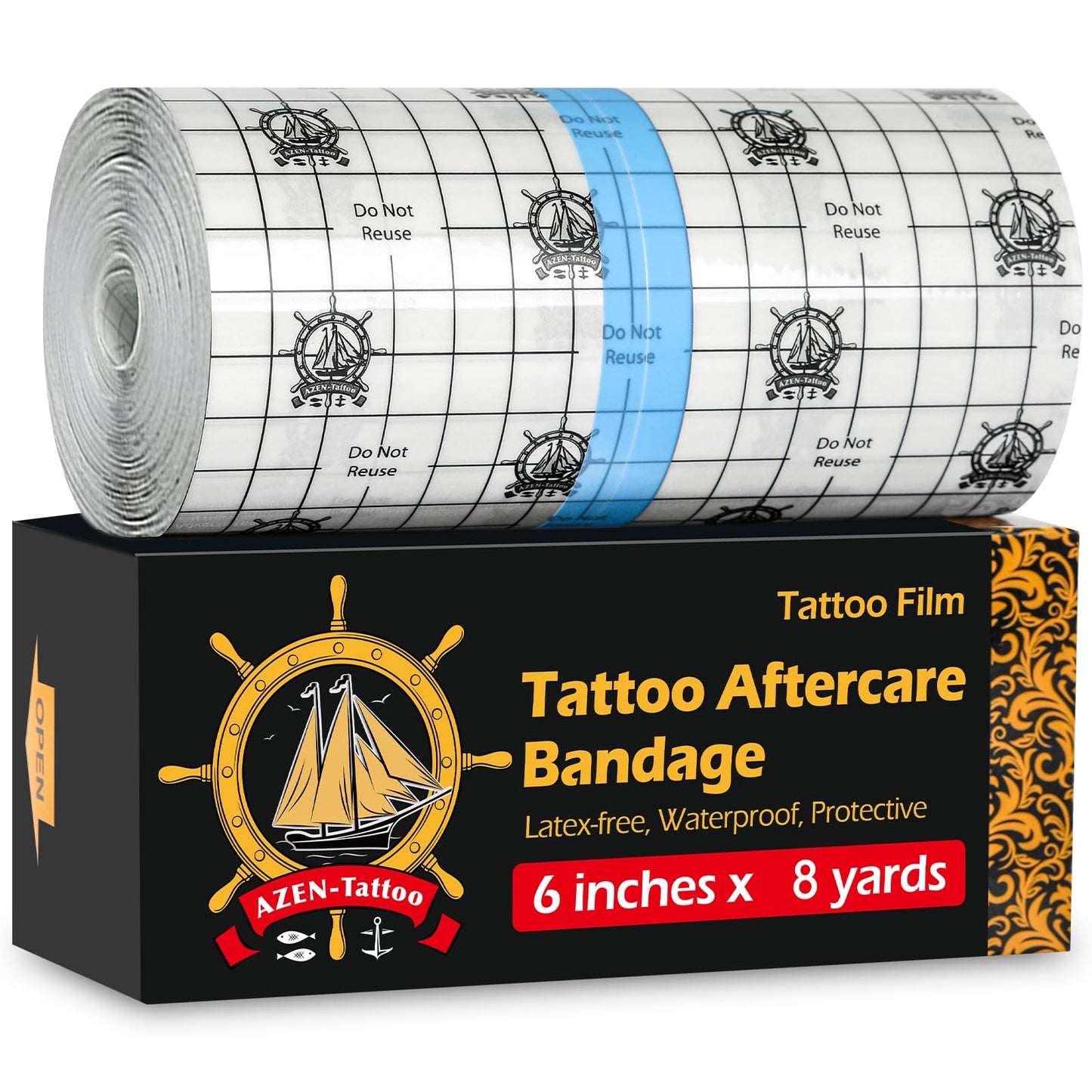AZEN Tattoo Aftercare Bandage, 6"x 8 Yard, Waterproof Second Skin Cover up Tape, Healing Wrap, Tattoo Supplies