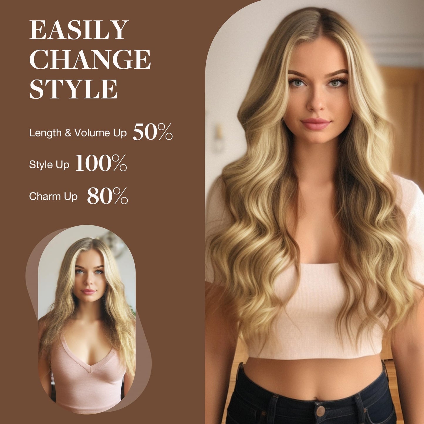 GOO GOO Wire Hair Extensions Human Hair, 16/22 Light Blondewith mix Golden Blonde Highlighted 14inch 75g, Invisible Wire Hair Extensions with Transparent, Seamless Fish Line Hairpiece