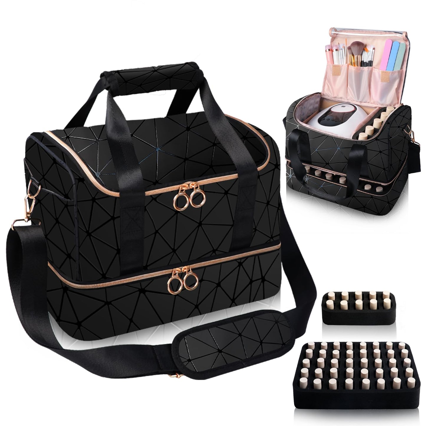Partreko Nail Polish Organizer Holds 50 Bottles (15ml/0.5 fl.oz)& Nail Lamp, PU Leather Nail Organizers and Storage Bag with Shoulder Strap, Portable Nail Supplies Kit Organizer Carrying Case (Black)