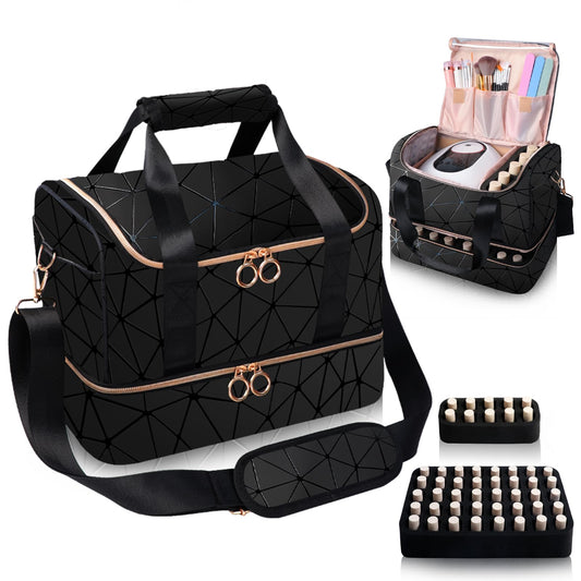 Partreko Nail Polish Organizer Holds 50 Bottles (15ml/0.5 fl.oz)& Nail Lamp, PU Leather Nail Organizers and Storage Bag with Shoulder Strap, Portable Nail Supplies Kit Organizer Carrying Case (Black)