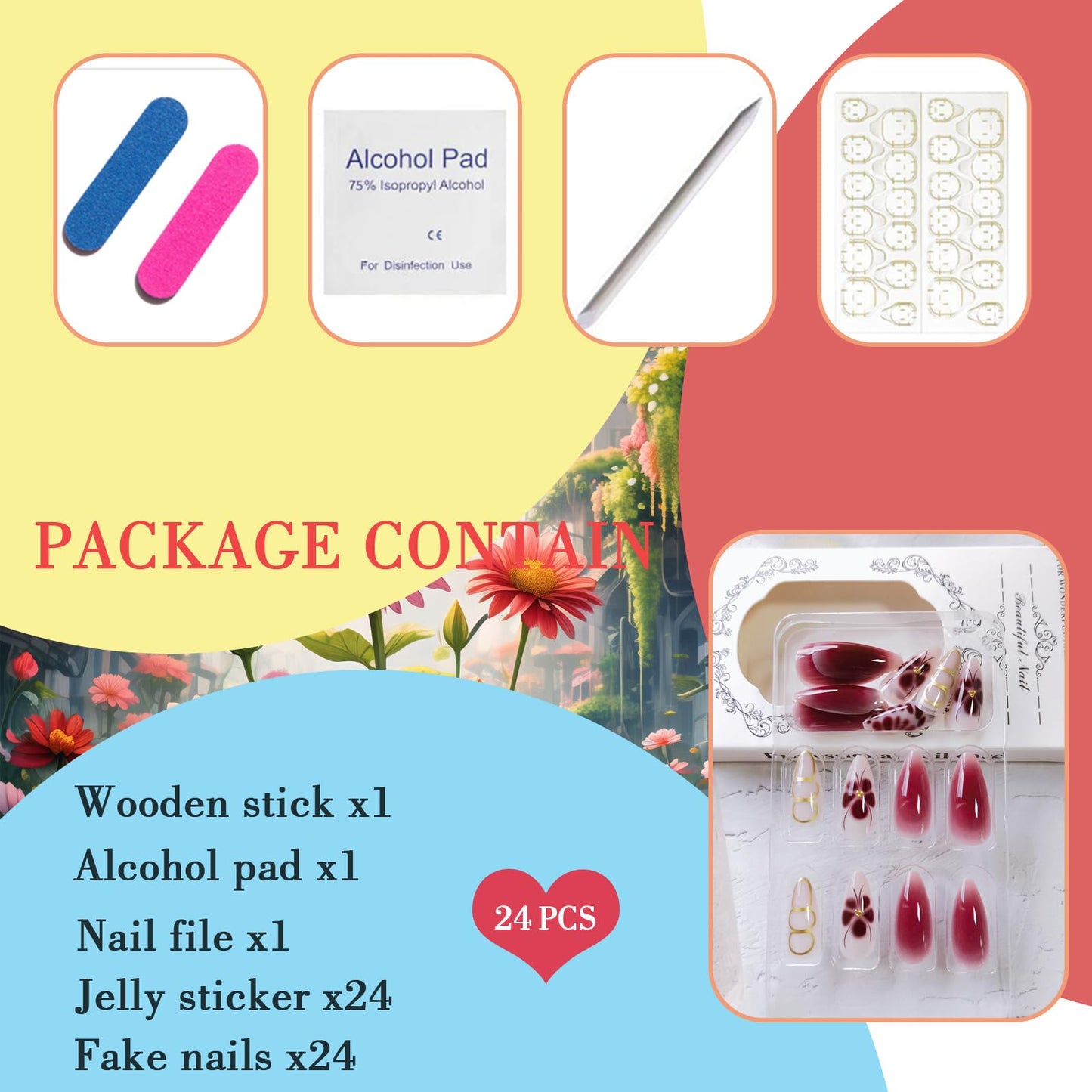 Dark Red Flower Press on Nails Short Almond Fake Nails with Floral Designs Cute Spring False Nails Glossy Gel Acrylic Nails Full Cover Glue on Nails Summer Ombre Stick on Nails for Women 24Pcs