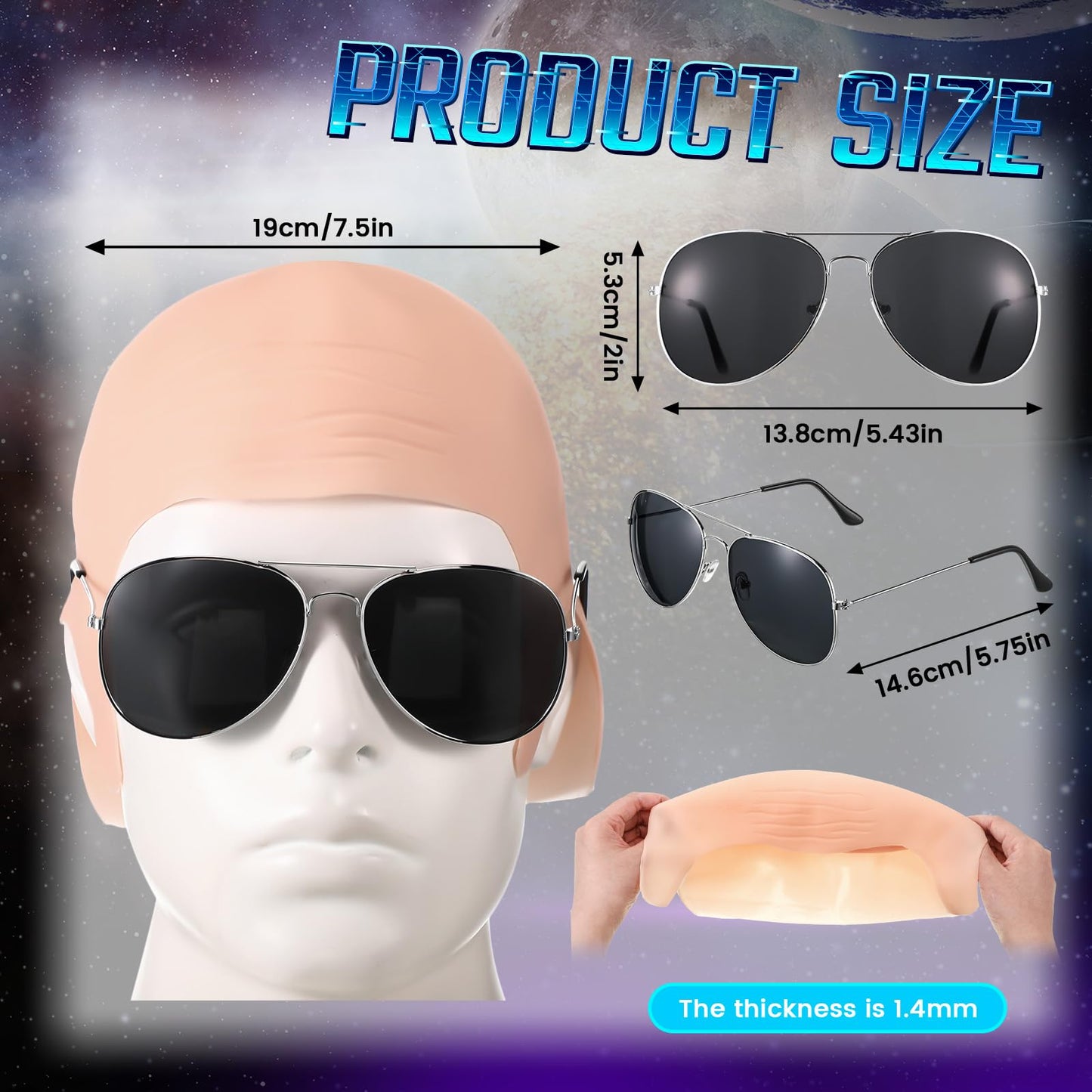 Mepase 1 Set Bald Caps with 1 Pair Glasses for Adults Men Nylon Bald Head Wig Cap Can Be Cut for Halloween Music Festivals Concerts Rap Star Party Cosplay(12.2 x 8.6 Inch)