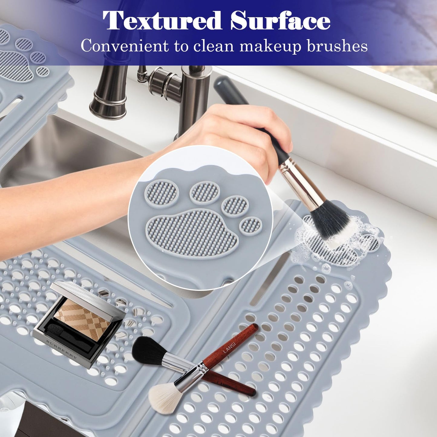 WIOR Sink Top Cover for Counter Space Makeup, Foldable Silicone Sink Covers Heat-Resistant Beauty Makeup Brush Cleaning Mat Hot Tools Organizer Space Saver Bathroom Must Haves for RV Camper Travel