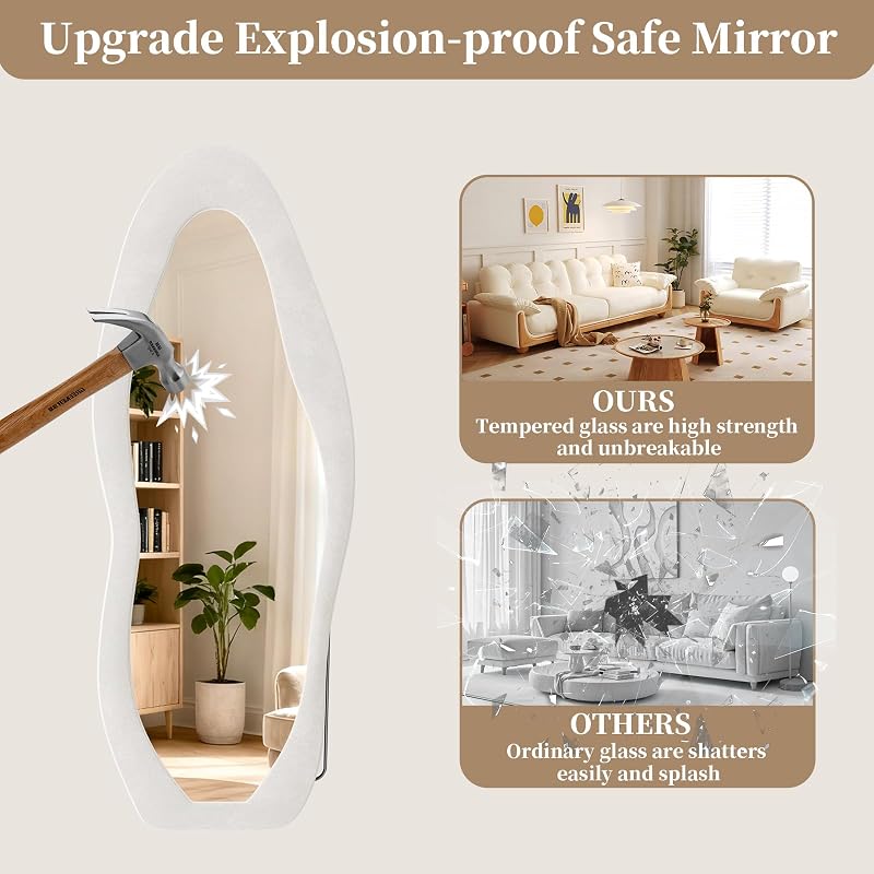 Wall Mirror 56 x 24 in - Irregular Wavy Full Length Flannel Frame (Beige, 56"L x 24"W) - FlyEcho