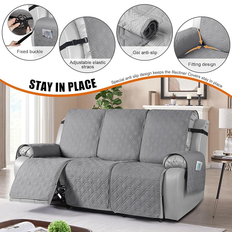 VANSOFY Light Gray 3-Seater Waterproof Recliner Couch Cover