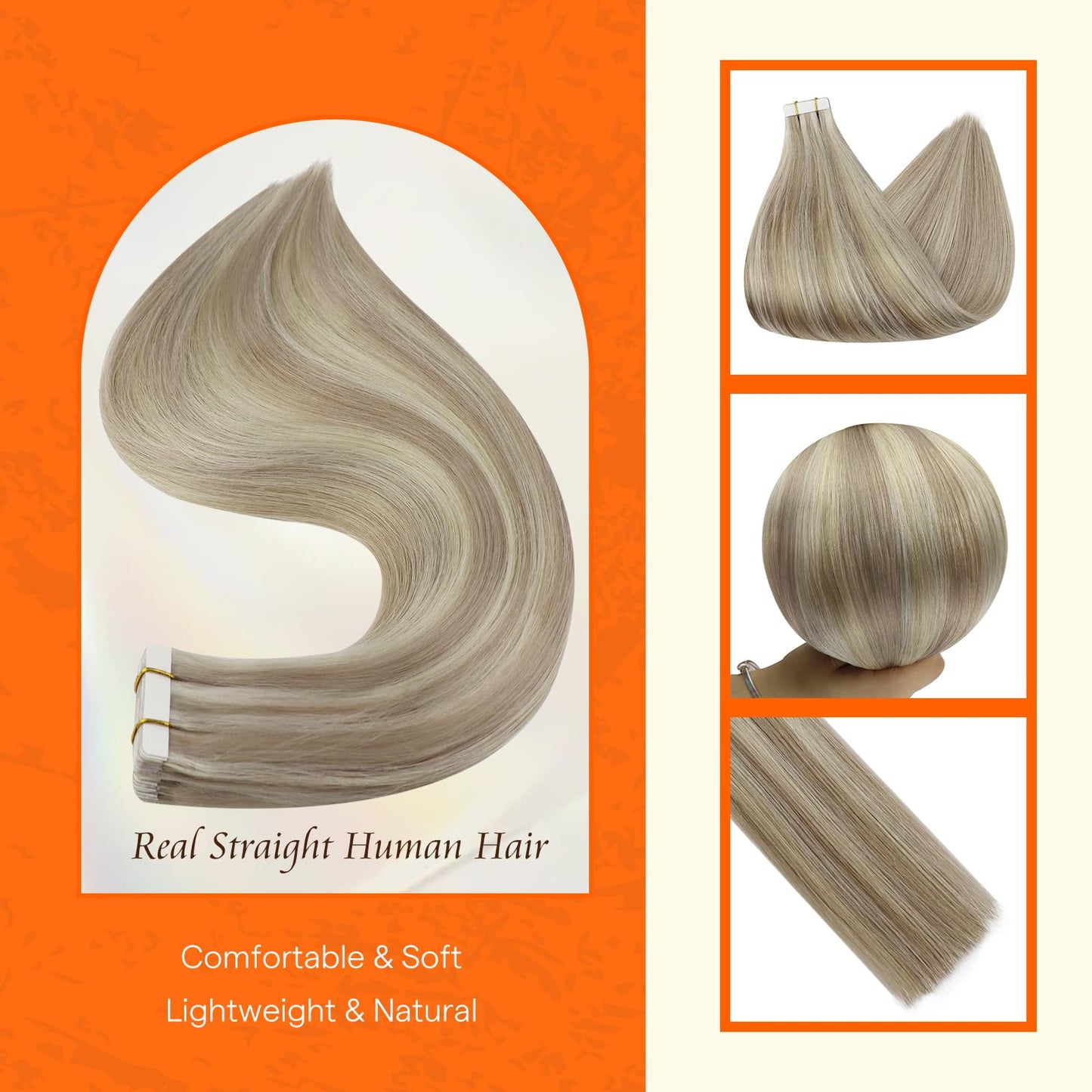Full Shine Tape in Hair Extensions Human Hair 18 Inch Remy Human Hair Tape in Extensions Color 18/613 Ash Blonde Highlight with Platinum Blonde Invisible Hair Extensions Tape Ins 20Pcs 50Grams