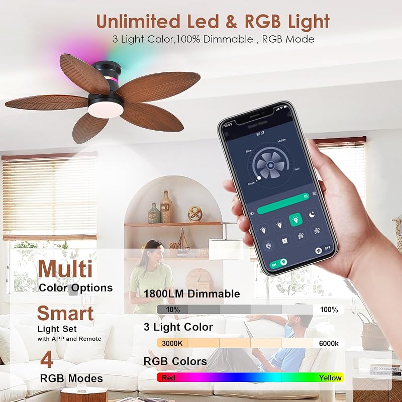 Brown Palm Leaf 46in Ceiling Fan with Lights, RGB Side Light, 6-Speed DC Motor, Remote & 3CCT Dimmable LED, Quiet Flush Mount - Variation: Brown-Palm Leaf+46in