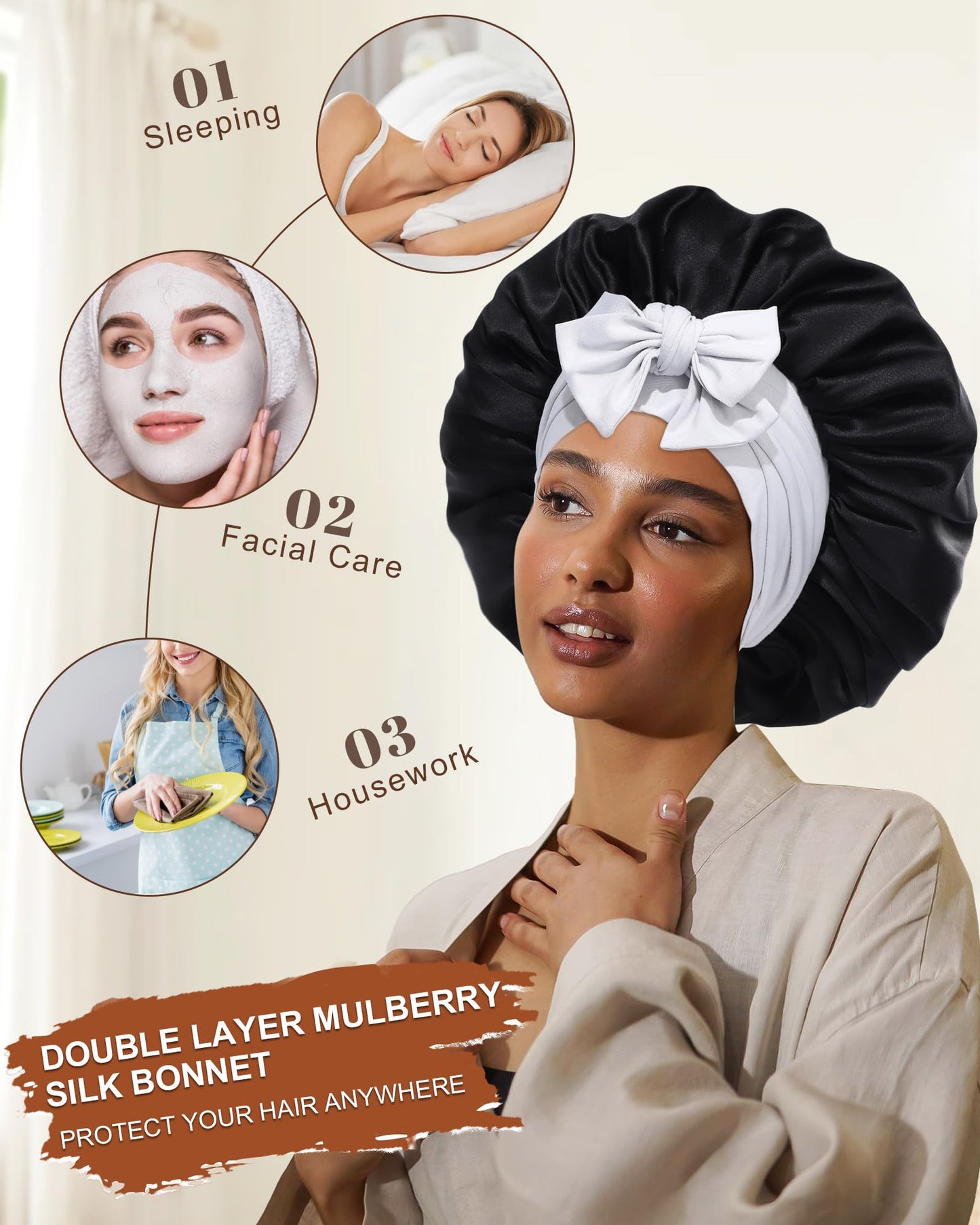 Mulberry Silk Bonnet Sleeping Women Curly Hair Bonnets Tie Band Double Layer Reversible Sleep Bonnet Silk Hair Wrap Sleep Cap