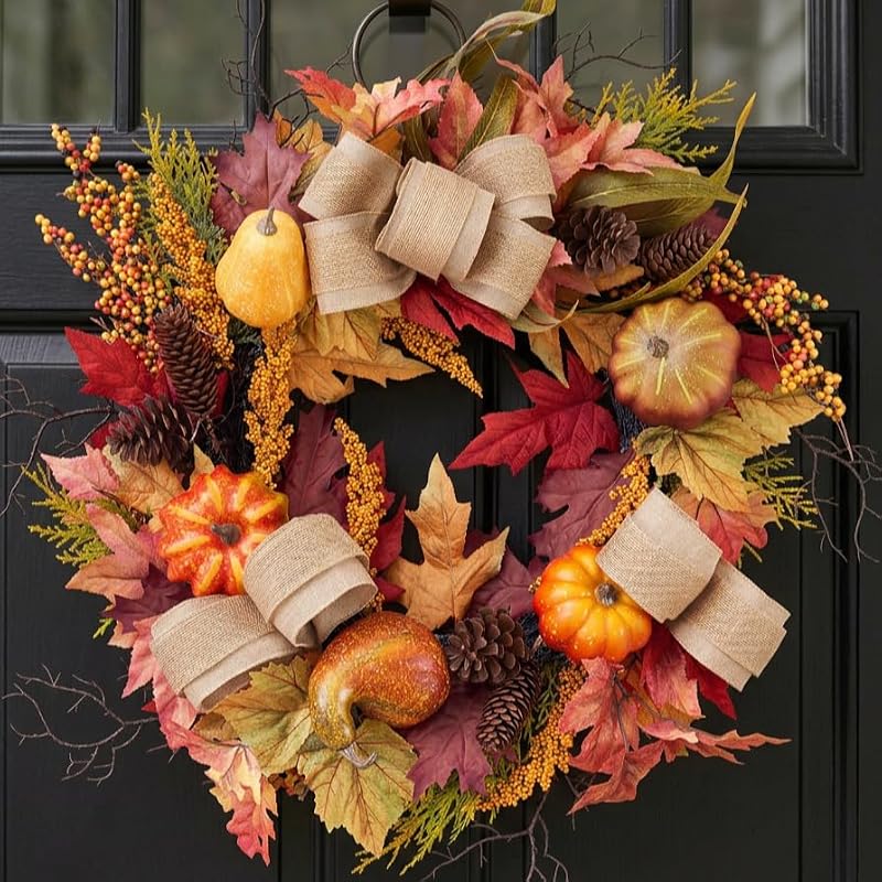 24-Inch Collapsible Pre-Lit Fall Pumpkin Wreath for Front Door