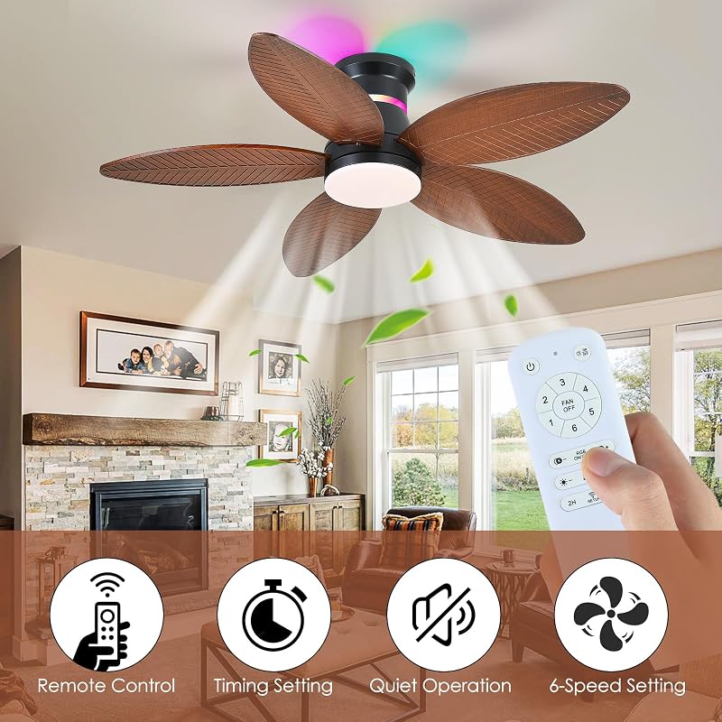 Brown Palm Leaf 46in Ceiling Fan with Lights, RGB Side Light, 6-Speed DC Motor, Remote & 3CCT Dimmable LED, Quiet Flush Mount - Variation: Brown-Palm Leaf+46in