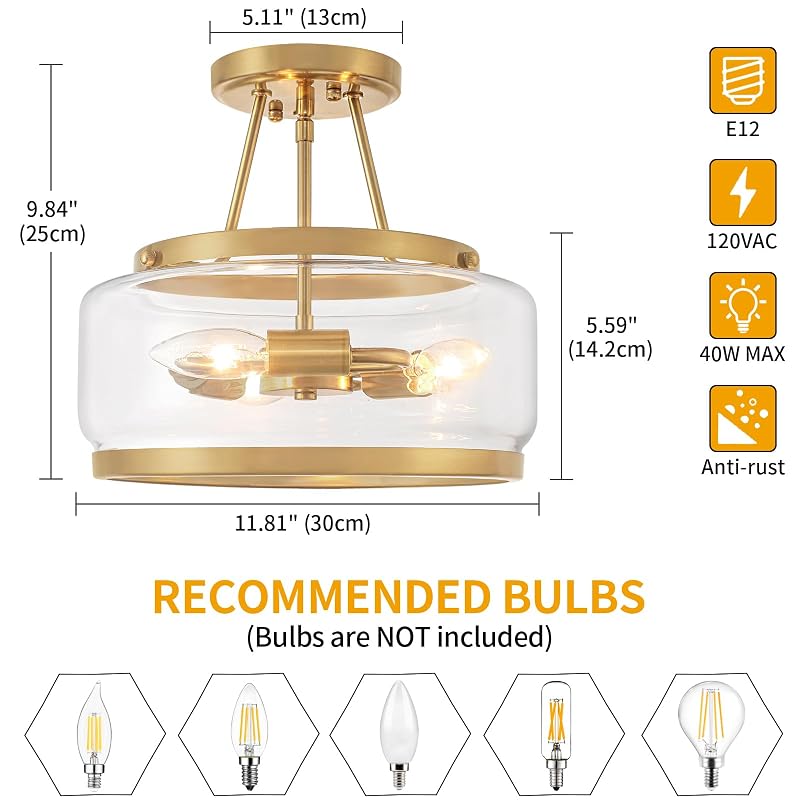 Brushed Gold 11.81in Semi-Flush Mount Ceiling Light - 3-Light Hallway Fixture (Brushed Gold)