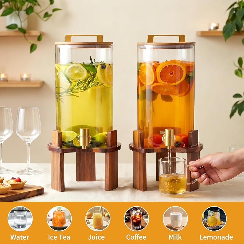 2 Pack 1.5 Gallon Glass Beverage Dispenser with Wood Stand & Stainless Spigot