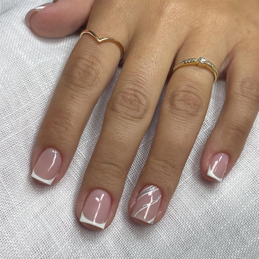 Mivota French Press On Nails Short Square, Nude Fake Nails with White French Tips, Delicately Adorned with Silver Streaks, Glossy Gel Finish, Thick Natural Reusable Glue On Nails Kit for Women
