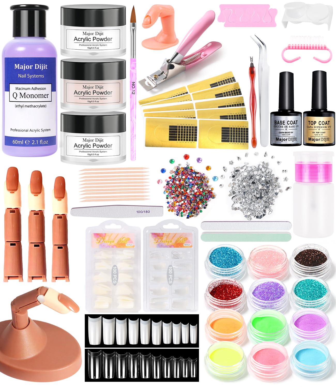 Acrylic Nail Kit-Nail Acrylic Powder Liquid Set with Practice Fingers Base & Top Coat Practice Hand Tools Glitters Tips for Women Salon Home