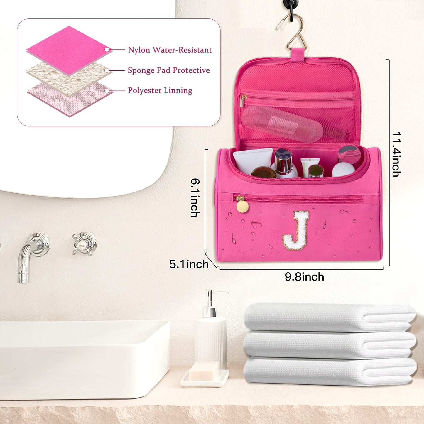 COSHAYSOO Cool First Communion Confirmation Gifts Baptism Dance Recital Trip Favor Gifts for Women Teen Girls Travel, Monogrammed Initial Hanging Toiletry Bag Waterproof Toiletries Hot Pink Letter J