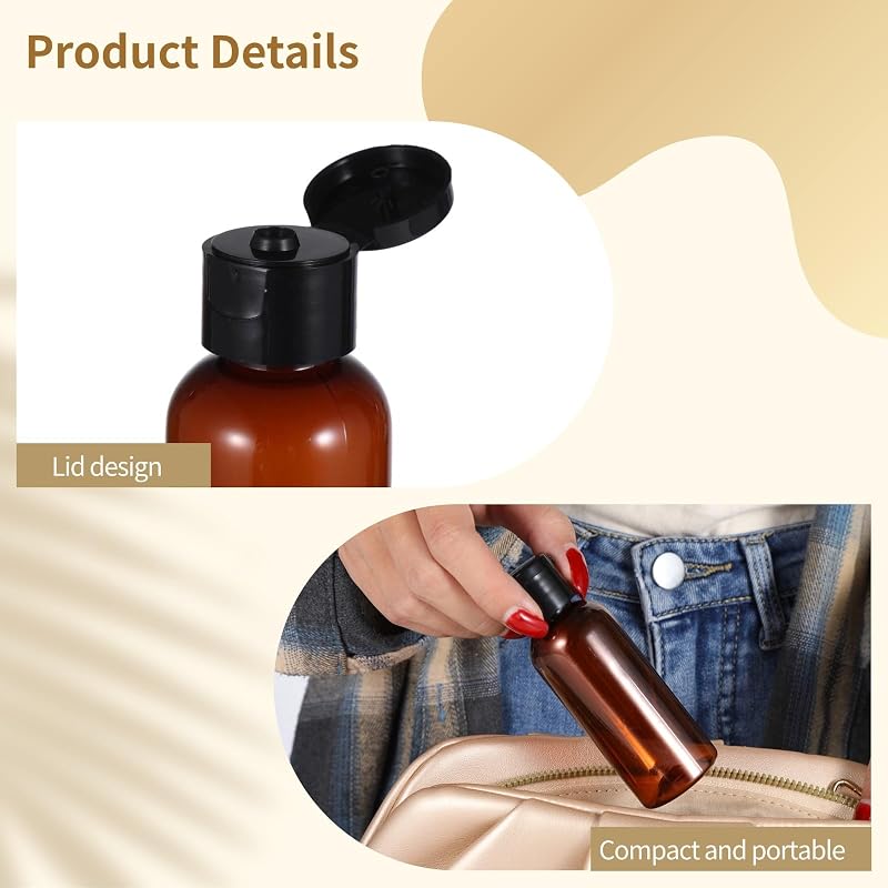 2 oz Travel Bottles with Flip Cap, 60ml Refillable Clear PET Containers — Brown Variation