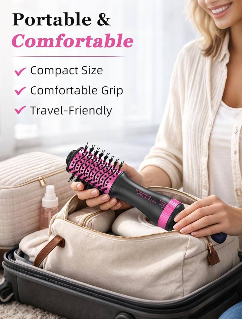 Travel Hair Dryer Brush 2-Inch Oval, Dual Voltage - Black & Pink (Variation: Black&Pink)