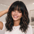 Variation: Black Mixed Brown Bob Wig with Bangs, Short 14 Inch Wig for Women