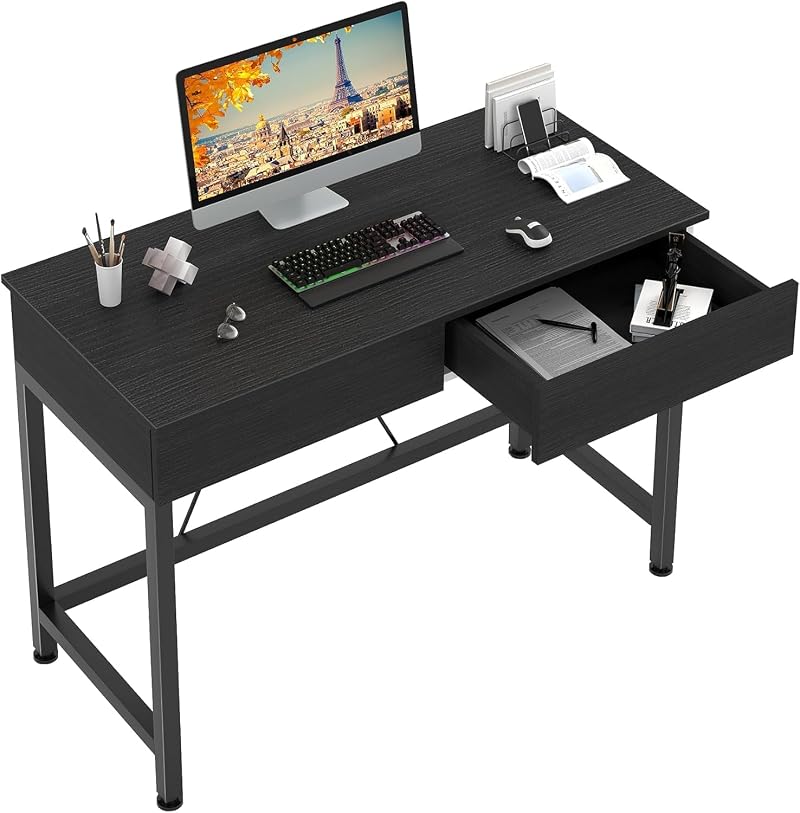 CAIYUN Small Computer Desk with Drawers - 39.4 Inch Desk with Storage, Black Wood & Metal